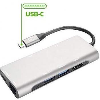 Celly Adaptador USB-C a HDMI, 2X USB 3.0, USB-C, LAN, MicroSD y SD, Hub multipuerto con Acabado de Aluminio para transferir Datos y Cargar Dispositivos