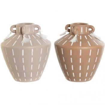 Jarrón Home ESPRIT Marrón Claro Cerámica Colonial con Flecos 15,5 x 15,5 x 17,1 cm (2 Unidades)