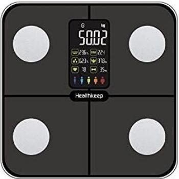 Báscula Grasa Corporal Healthkeep Báscula de Baño, Básculas Inteligentes Digitalescon Función de Frecuencia Cardíaca,15 Datos Corporales,Pantalla VA Extra Grande,Negro