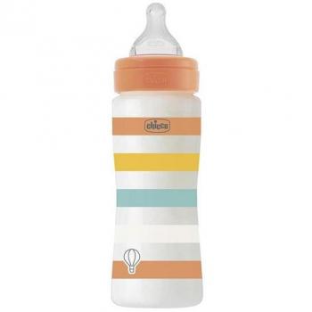Chicco - Biberón Silicona Verde Flujo Rápido 330ml 4m y Chicco Biberón Bienestar Flujo Medio Naranja 330ml