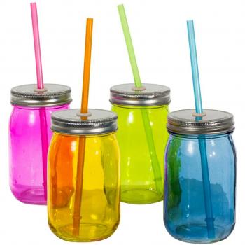 Set de 4 vasos frasco tarro con pija y tapa colorido