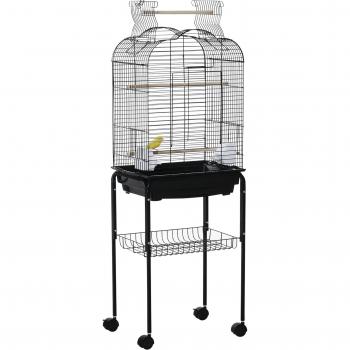 PawHut Jaula para Pájaros con Soporte y Accesorios Completos: 4 Ruedas, Techo Abrible, 2 Comederos, 3 Perchas, Bandeja Extraíble - Ideal para Aves Canarios - 46x36x130 cm - Color Negro
