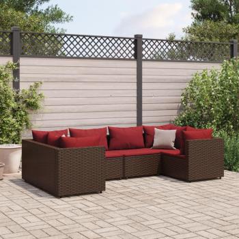 6-Piece Brown Poly Rattan Garden Lounge Set with Cushions