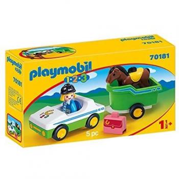 PLAYMOBIL 1.2.3 Coche Remolque Caballo, Color carbón