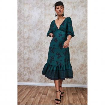 Goddiva Floral Print Puff Sleeve Midi Dress - Emerald Green, Size 10 UK