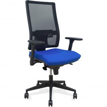 Silla Horna con respaldo sincronizado, malla negra, asiento Bali azul, brazos 3D y ruedas de 65mm