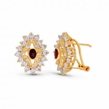 Pendientes de Oro 18k para Mujer en Forma de Rombo con Circonitas y Piedra Color Granate Ovalada en el Centro - Diseño Elegante y Exclusivo de Alta Calidad