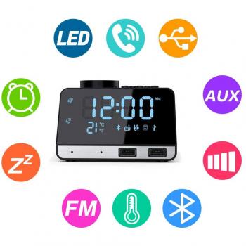 Flightbird Bluetooth Despertador Radio, FM 4.2 Pulgadas Reloj Digital Alarma con Dual USB Puertos Pantalla LCD Regulable y Termómetro de Interio Función Snooze