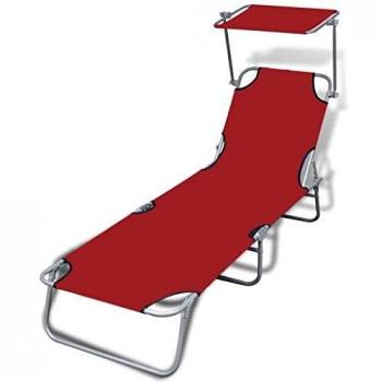 Folding Sun Lounger with Canopy Steel and Fabric Red