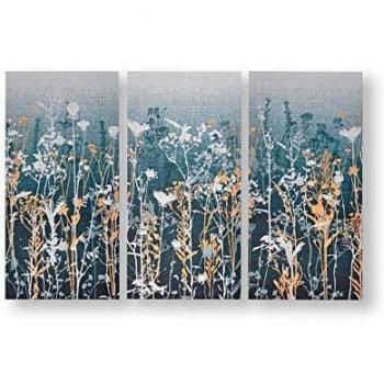 Set de 3 Lienzos Impresos Pradera de Flores Silvestres con Acabados Metálicos Azules 90x60 cm