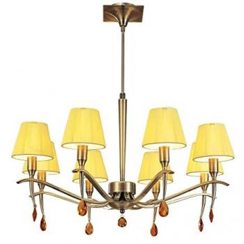 Lámpara colgante redonda Siena 8 bombillas E14, latón antiguo con pantalla ámbar crema y cristal ámbar