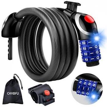 CHYBFU Candado de Bicicleta, Candado Combinación Bici de Cable con Luz LED y Código 4 Dígitos para Bicicleta Motos, Cerradura Cable Antirrobo Bicicleta de Montaña Seguridad Candado de Cable 120cmx12mm
