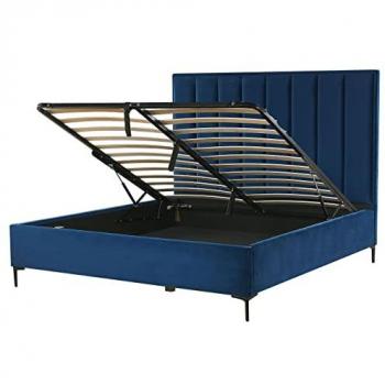 Cama Matrimonial en Terciopelo Azul Marino 160 x 200 cm con Almacenamiento Ottomana y Cabecero Acolchado, Patas de Metal Negro