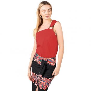 Pinko Asymmetric Sleeveless Cotton Top with Metal Ring - Red, Size S