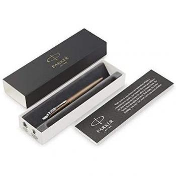 Parker Jotter Premium Carlisle Pinstripe Brown Retractable Ballpoint Pen, Chrome Trim, Medium Point, Blue Ink, 1953201
