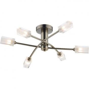 Plafón de techo semi empotrado Morgan antiguo latón y cristal 6 bombillas G9