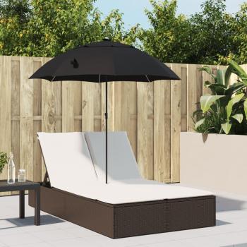 Tumbona doble con cojines y sombrilla de ratán sintético en colores negro, marrón y gris, ideal para jardín, playa, piscina y terraza