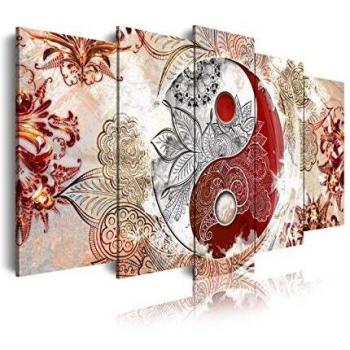 DekoArte 509 - Cuadros Modernos Impresión de Imagen Artística Digitalizada | Lienzo Decorativo Para Tu Salón o Dormitorio | Estilo Ying Yang Abstractos Zen Colores Beig Rojo | 5 Piezas 150 x 80 cm