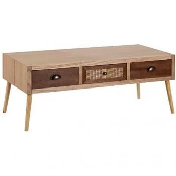 LOLAhome Mesa de Centro con Rejilla de Madera y Rattan Beige y Natural de 110x50x43 cm
