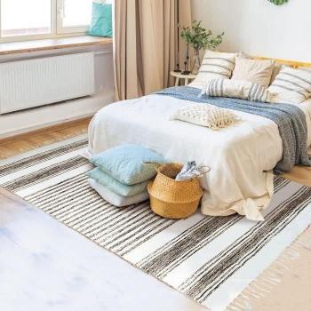 Alfombra de salón o dormitorio 100% algodón de aspecto étnico con líneas Marrón Arena 160 x 230 cm Blanco