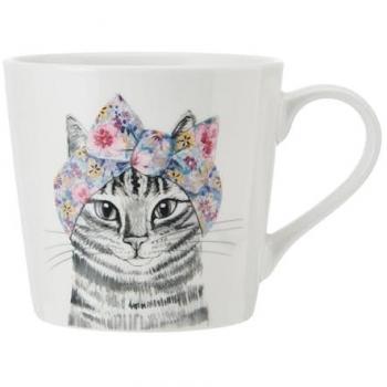 Taza de Porcelana Mikasa Tipperleyhill con Estampado de Gato y Detalles en Oro - 380 ml, Ideal para Té y Café, Presentación en Caja de Regalo
