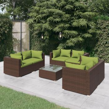 7-Piece Brown Poly Rattan Garden Lounge Set with Cushions