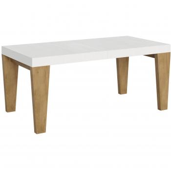 Mesa extensible 90x180/440 cm con tapa de fresno blanco y patas de roble natural, para 6 a 20 personas