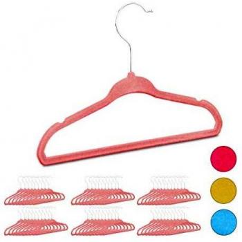 Set de 60 perchas infantiles antideslizantes de plástico terciopelo, ganchos giratorios, color rosa bebé