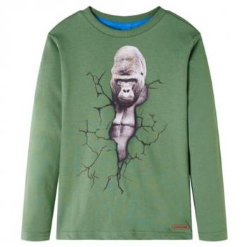 Camiseta Infantil de Manga Larga Estampado Gorila Caqui Claro 140