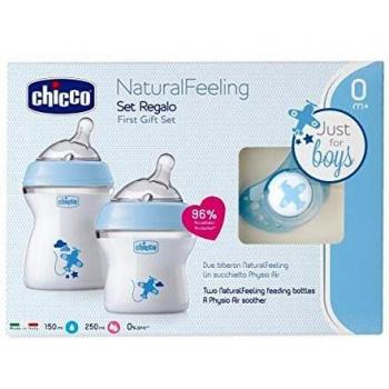 Chicco NaturalFeeling - Set de regalo con 2 biberones recién nacido + chupete, 0 m+, azul