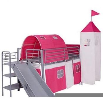 vidaXL Cama alta de acero rosa con tobogán y forma castillo 200x100 cm