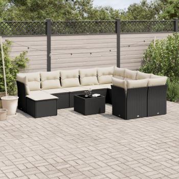 11-Piece Black Poly Rattan Garden Sofa Set with Cushions