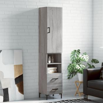 Aparador alto de madera contrachapada gris Sonoma 34,5x34x180 cm con 2 cajones y 2 estantes, mueble de almacenaje para salón, buffet y armario auxiliar