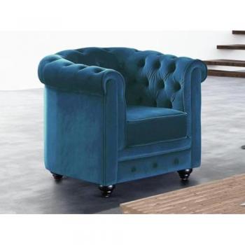 Sillón Chesterfield de Velours Azul Pato - Estilo Vintage - Confortable