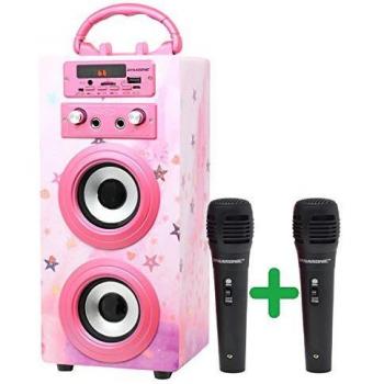 DYNASONIC (3º Generación)- Altavoz Bluetooth Portatil Karaoke con Micrófonos Incluidos | Lector USB y SD, Radio FM Modelo 025 (Rosa Brillante)