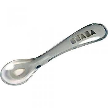 BÉABA Cuchara de aprendizaje para Bebé y Niño, Silicona, Secunda infancia, Suave, Punta redondeada, Mango ergonómico, Gris