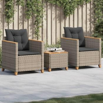3-Piece Gray Poly Rattan Bistro Set with Cushions and Acacia Wood