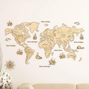 Pegatinas de mapa del mundo | Pegatinas Vintage, decoración de pared para dormitorios y estancias | 60 x 100 cm