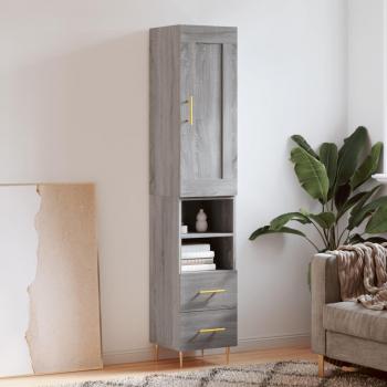 Aparador de madera contrachapada gris Sonoma 34,5x34x180 cm con 2 cajones y 2 estantes, mueble de almacenaje para salón, buffet y armario auxiliar
