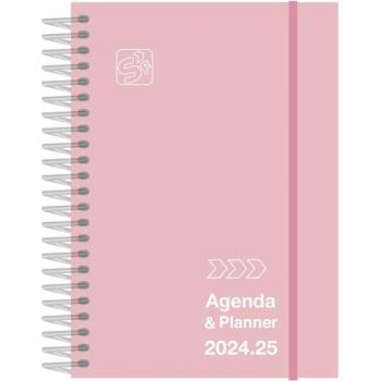 Agenda escolar 2024-2025 1 día por página A6 Student Senfort, espiral, tamaño 12x17cm, tapa de polipropileno, modelo pastel rosa