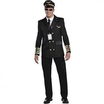 amscan- Adults Costume in Black with Hat and Lanyard-Size PC Disfraz de piloto para Adultos en Color Negro con Sombrero y cordón – Talla XL – 1 Unidad, Multicolor, X-Large