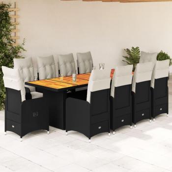 11-Piece Black Poly Rattan Garden Bistro Set with Cushions