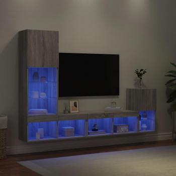 Mueble de TV Pared 4 Piezas con LED en Gris Sonoma, Madera Ingenierizada