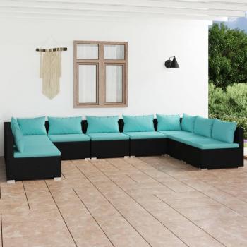 Set de Muebles de Jardín 9 Piezas con Cojines en Polirratán Negro