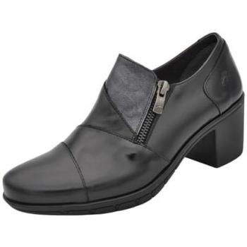 Zapatos de mujer FLUCHOS F1802 Nydia en piel negra, abotinados, con tacón ancho de 6cm y cremallera, talla 36