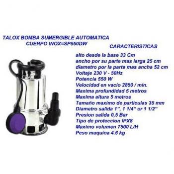 Bomba de Agua Sumergible Automática Talox 550W Cuerpo Inoxidable 7500 L/h SP550DW
