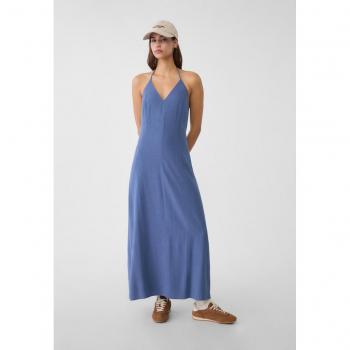 Indigo Linen Blend Halter Midi Dress S