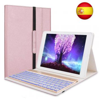 SENGBIRCH Funda con Teclado para el Nuevo iPad 9.7 2018-iPad 9.7 2017-iPad Air 2-iPad Air-iPad Pro 9.7, Español 7 Colores con Retroiluminación Inalámbrica Bluetooth-iPad Teclado Español, Rosa Oro