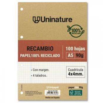 Recambio reciclado A5 100 hojas 90gr cuadrícula 4x4 mm con taladros Uninature 53393400
