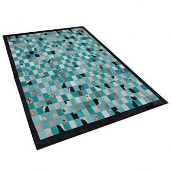 Alfombra de Piel Turquesa y Gris 140 x 200 cm Patrón a Cuadros Estilo Moderno Ecléctico Nikfer